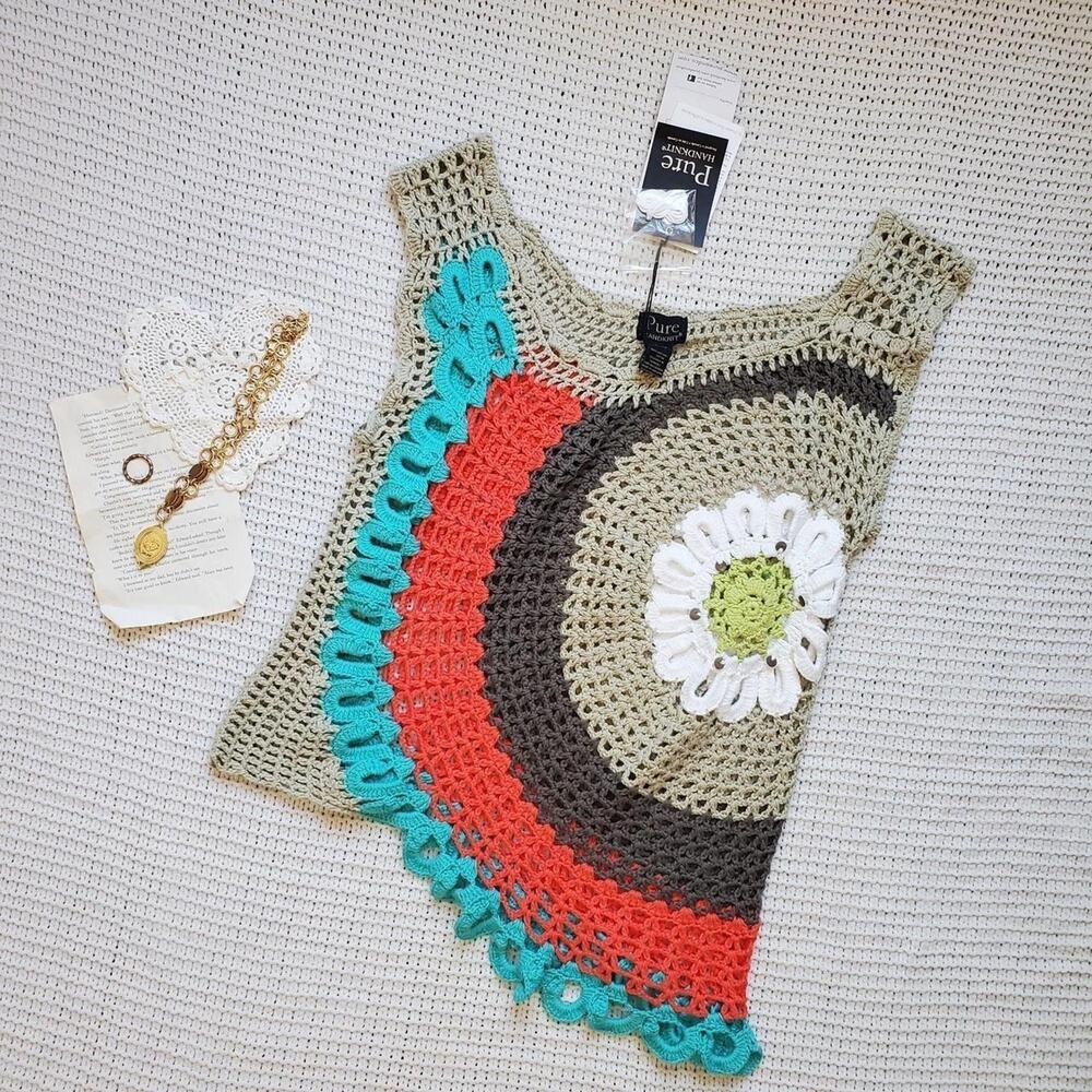 Bnwt pure handknit asymmetric crochet colorful daisy flower top with sequins